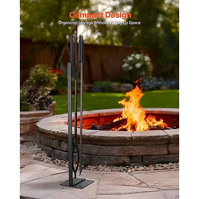 3-in-1 Fireplace Tool Set with Poker Tongs and Stand, Wrought Iron - Black
