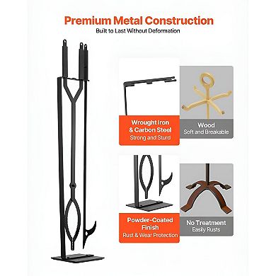 3-in-1 Fireplace Tool Set with Poker Tongs and Stand, Wrought Iron - Black