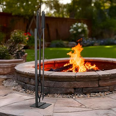3-in-1 Fireplace Tool Set with Poker Tongs and Stand, Wrought Iron - Black