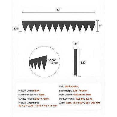 Black Garden Edging Panels Galvanized Steel Lawn and Mulch Border Set - 3 Pieces