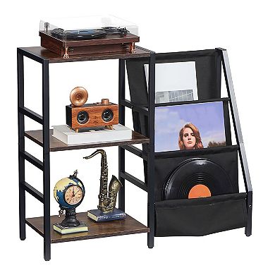 Vinyl Record Player Stand with Storage for 200 Records and Music Sync LED Lights - Brown