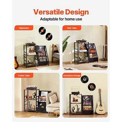 Vinyl Record Player Stand with Storage for 200 Records and Music Sync LED Lights - Brown