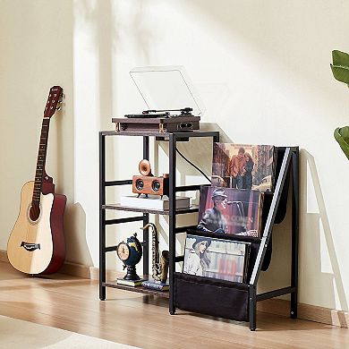 Vinyl Record Player Stand with Storage for 200 Records and Music Sync LED Lights - Brown