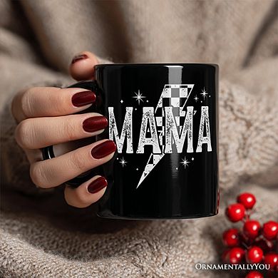 Checkered Lightning Bolt Mama Mug, Vintage Retro Black and White Gift for Energetic Moms