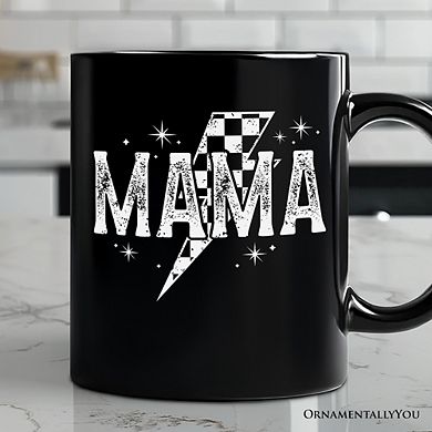 Checkered Lightning Bolt Mama Mug, Vintage Retro Black and White Gift for Energetic Moms
