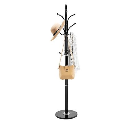 Hallway Coat Stand with 6 Staggered Hooks and Stable Marble Base Black