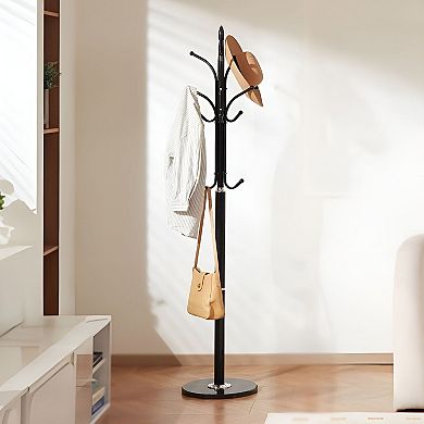 Hallway Coat Stand with 6 Staggered Hooks and Stable Marble Base Black
