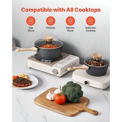 2-Piece Aluminum Saucepan Set 1.5 QT & 2.5 QT Nonstick Marble Coating with Glass Lids - Black