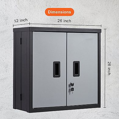 Foldable Wall-Mounted Storage Cabinet Adjustable Shelf Lockable Magnetic Doors - Black and Grey
