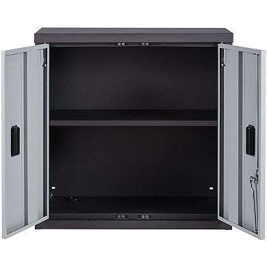 Foldable Wall-Mounted Storage Cabinet Adjustable Shelf Lockable Magnetic Doors - Black and Grey