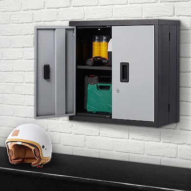 Foldable Wall-Mounted Storage Cabinet Adjustable Shelf Lockable Magnetic Doors - Black and Grey