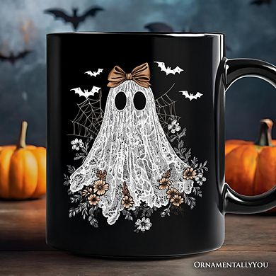 Cute Lace Ghost Coquette Pesonalized Mug, Floral Vintage Halloween Gift
