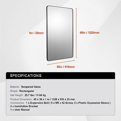 36 x 48 inches Rectangular Wall Mirror with Black Aluminum Frame and Tempered Glass for Bathroom