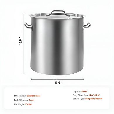 53 Qt Stainless Steel Stockpot with Riveted Handles for Big Batch Cooking and Gatherings - Silver