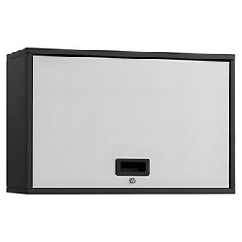 Wall-Mounted Garage Storage Cabinet Flip-Up Doors Steel Shelves Lockable - Black and Silver
