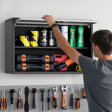 Wall-Mounted Garage Storage Cabinet Flip-Up Doors Steel Shelves Lockable - Black and Silver