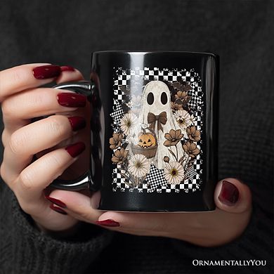 Retro Ghost Floral Halloween Mug, Spooky Vintage Checkered Gift