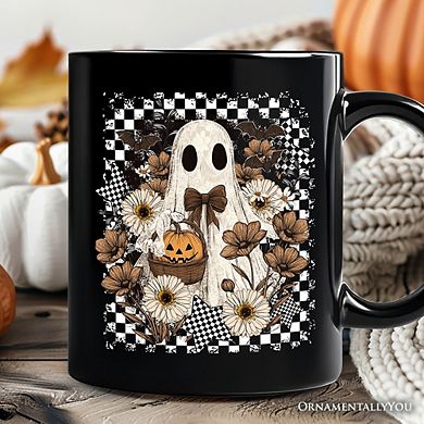 Retro Ghost Floral Halloween Mug, Spooky Vintage Checkered Gift