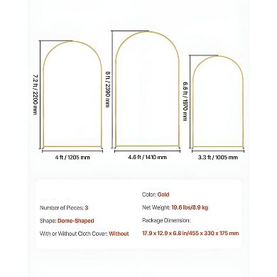 3-Piece Gold Wedding Arch Set Dome-Shaped Metal Backdrop Stand for Ceremonies and Parties