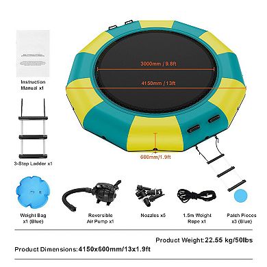 13 ft Inflatable Water Trampoline with Ladder and Pump for Lake Pool and Summer Water Play