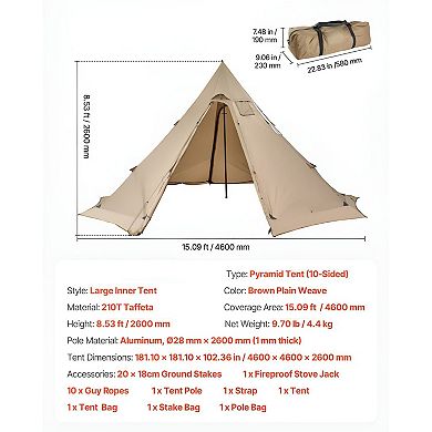 10-Sided Pyramid Camping Tent 15.9ft x 15.9ft with Stove Jack Cold Weather Camping - Brown