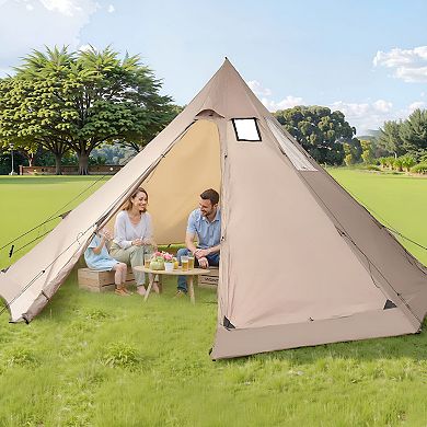 10-Sided Pyramid Camping Tent 15.9ft x 15.9ft with Stove Jack Cold Weather Camping - Brown