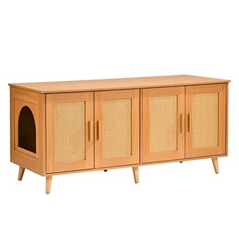 Hidden Cat Litter Box Cabinet with Multi-Door Rattan Design - Natural