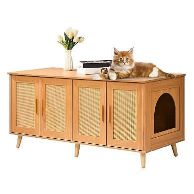 Hidden Cat Litter Box Cabinet with Multi-Door Rattan Design - Natural