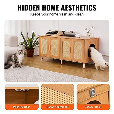 Hidden Cat Litter Box Cabinet with Multi-Door Rattan Design - Natural
