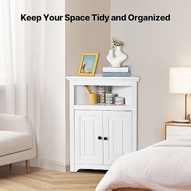 White Corner Storage Cabinet with 2 Doors and 3 Adjustable Shelves for Living Room or Bathroom