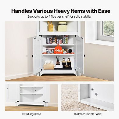 White Corner Storage Cabinet with 2 Doors and 3 Adjustable Shelves for Living Room or Bathroom