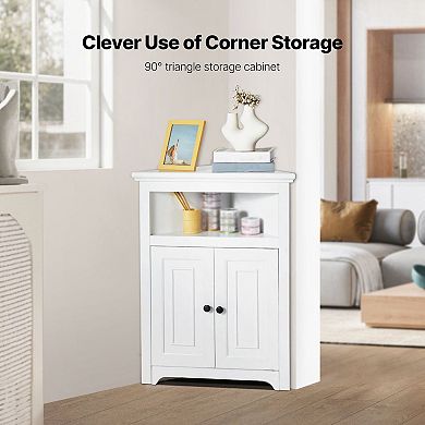 White Corner Storage Cabinet with 2 Doors and 3 Adjustable Shelves for Living Room or Bathroom