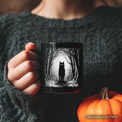 Haunted Forest Black Cat Mug, Spooky Halloween Night Gift
