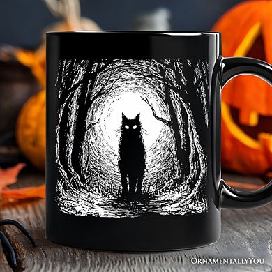Haunted Forest Black Cat Mug, Spooky Halloween Night Gift