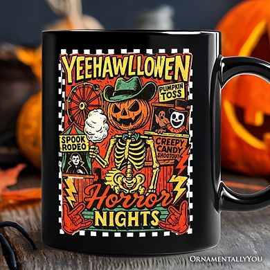 Yee Haw Halloween Retro Pumpkin Skeleton Mug, Spooky Country Western Gift
