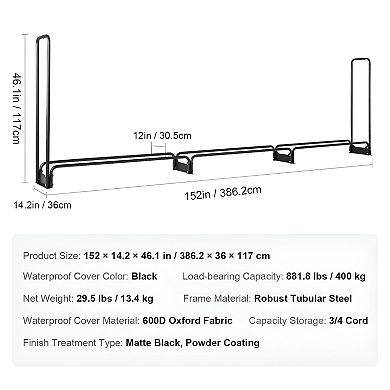 Backyard Firewood Rack with Zippered Cover, Elevated 1/2 Cord Log Storage - Black