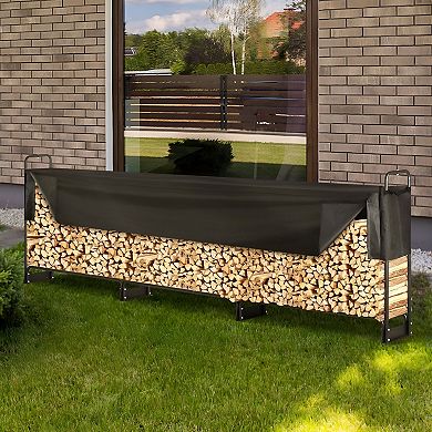 Backyard Firewood Rack with Zippered Cover, Elevated 1/2 Cord Log Storage - Black