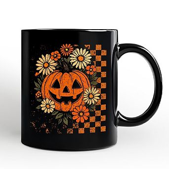 Checkered Floral Pumpkin Mug, Retro Preppy Halloween Gift for Spooky Season Vibes