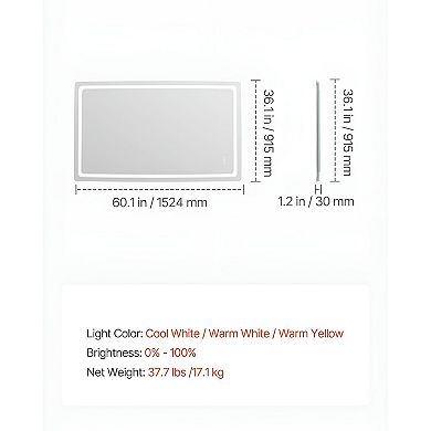 Adjustable LED Bathroom Vanity Mirror 36 x 60-Inch with Anti-Fog and Memory Function
