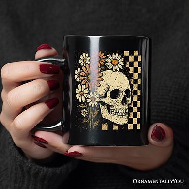 Checkered Floral Skeleton Mug, Vintage Skull Daisy Halloween Gift