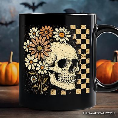 Checkered Floral Skeleton Mug, Vintage Skull Daisy Halloween Gift