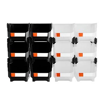 12 pc Large Stackable Plastic Storage Bins Set with Labels for Home, Office, Garage, or Crafts