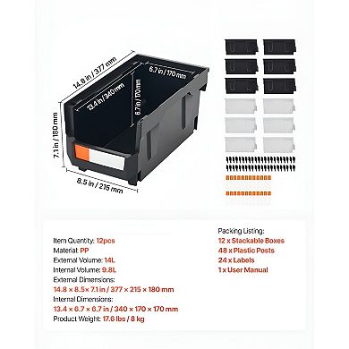 12-Piece Large Stackable Plastic Storage Bins Set with Labels for Home, Office, Garage, or Crafts