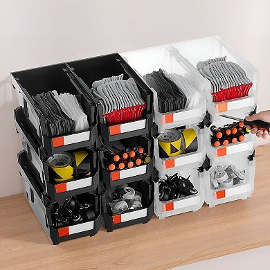 12-Piece Large Stackable Plastic Storage Bins Set with Labels for Home, Office, Garage, or Crafts