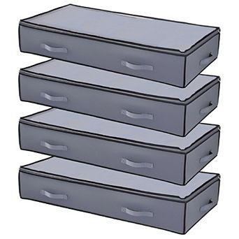 4 pc Under Bed Storage Organizer 90 L with Transparent Top Foldable Clothes Blanket Box Grey