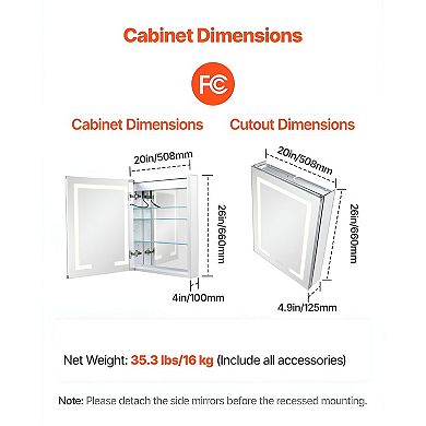 Silver LED Bathroom Mirror Cabinet 20x26 in with Anti-Fog Adjustable Shelves and Built-In Socket