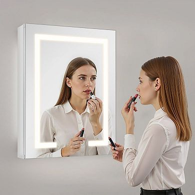 Silver LED Bathroom Mirror Cabinet 20x26 in with Anti-Fog Adjustable Shelves and Built-In Socket