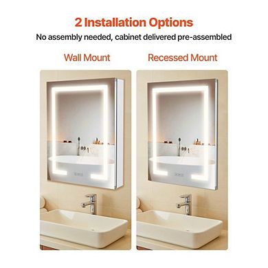 Silver LED Bathroom Mirror Cabinet 20x26 in with Anti-Fog Adjustable Shelves and Built-In Socket