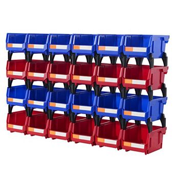 24 pc Stackable Plastic Storage Bins Set for Office Craft Garage or Toys with Labels Blue and Red