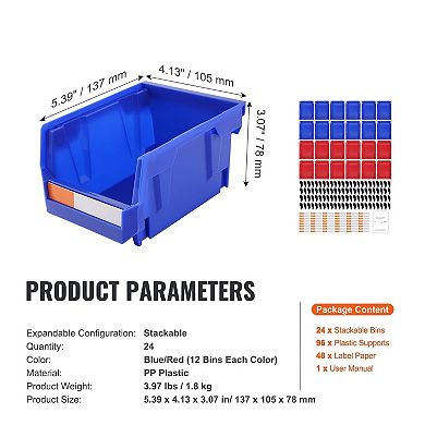 24-Piece Stackable Plastic Storage Bins Set for Office Craft Garage or Toys with Labels Blue and Red